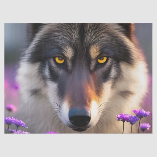 Grauer Wolf Stare - Lila Blumen Seidenpapier (Vorderseite)