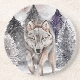 Grauer Wolf Watercolor Winterwald Untersetzer