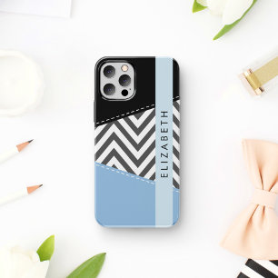 Grauer Zickzack, Grauer Chevron, Blau, Ihr Name iPhone 16 Hülle