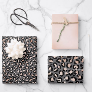 Graues Beige Peach Rose Leopard Print Wrapping Pap Geschenkpapier Set