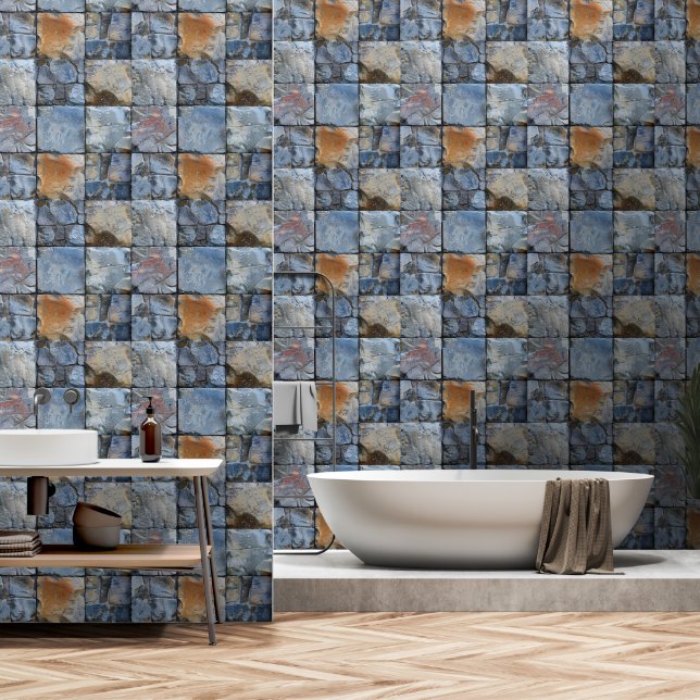 Graues blaues Stone Tile Muster Tapete (Badezimmer)