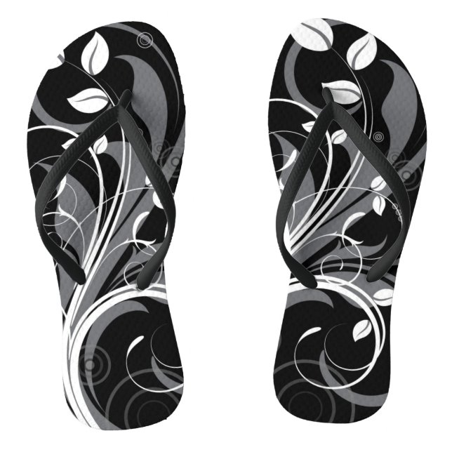 Graues Blumenmuster auf Schwarz Flip Flops (Fußbett)