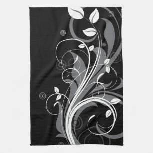 Graues Blumenmuster auf Schwarz Geschirrtuch