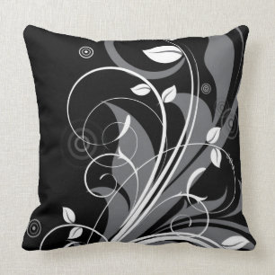 Graues Blumenmuster auf Schwarz Kissen