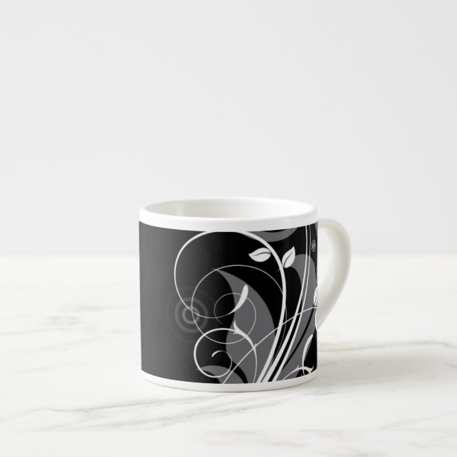 Graues Blumenmuster auf Schwarzem Espressotasse (Vorderseite Rechts)