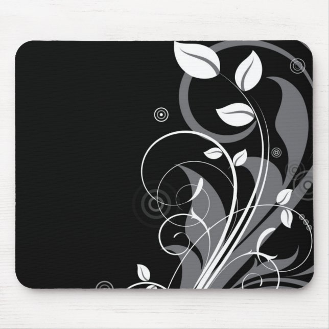 Graues Blumenmuster auf Schwarzem Mousepad (Vorne)