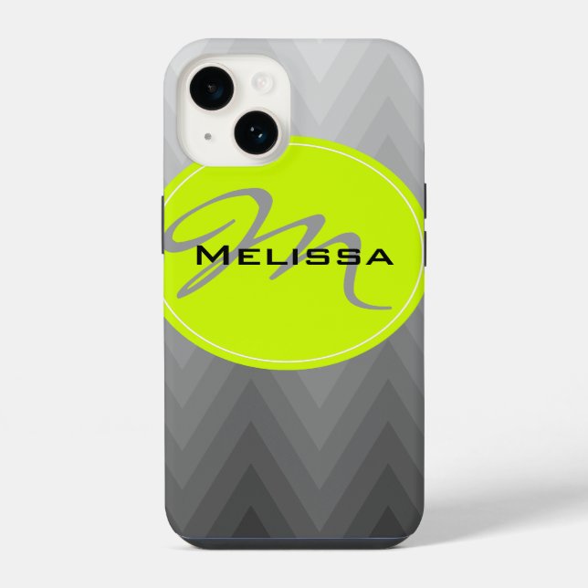 Graues Chevron-Ombre-Muster Grüner Monogramm-Name iPhone Hülle (Rückseite)