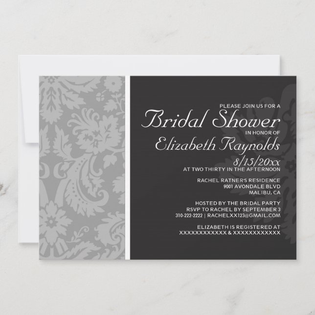 Graues Damask Bridal Dusche Einladungen (Vorderseite)