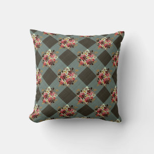 Graues Gingham und burgunderrote Floral Country Kissen