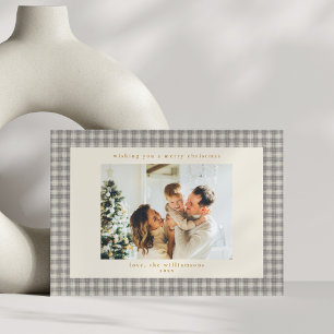 Graues Gingham-Weihnachtsfoto im Vintage-Stil hori Feiertagskarte