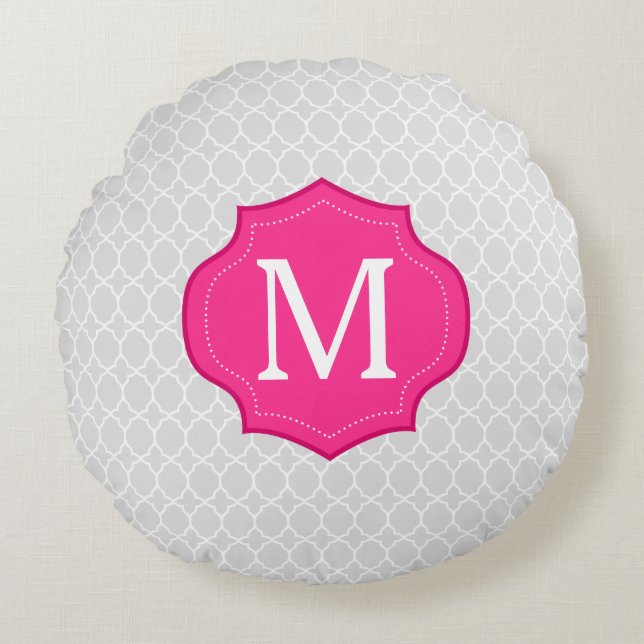 Graues Gitter-Muster-Pink-Monogramm Rundes Kissen (Vorderseite)