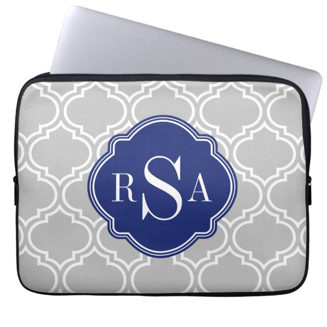 Graues Gittermuster blaues Monogramm Laptopschutzhülle (Vorderseite)
