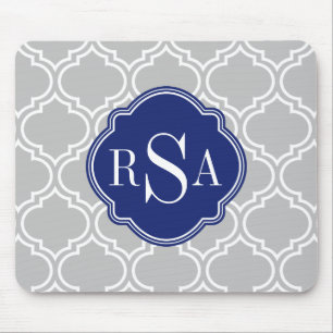 Graues Gittermuster blaues Monogramm Mousepad