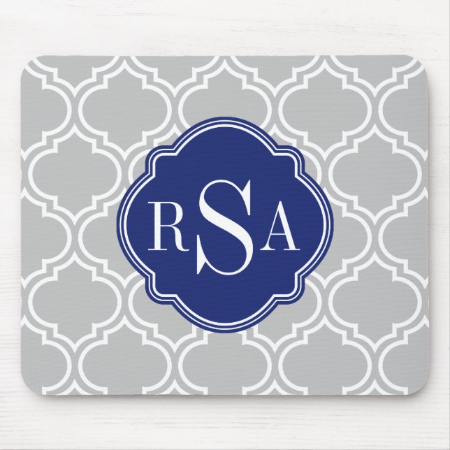Graues Gittermuster blaues Monogramm Mousepad (Vorne)