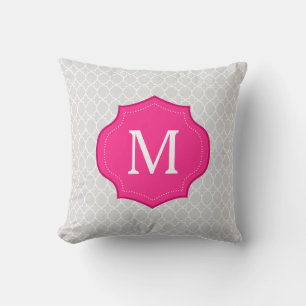 Graues Gittermuster - Hot-Pink-Monogramm Kissen