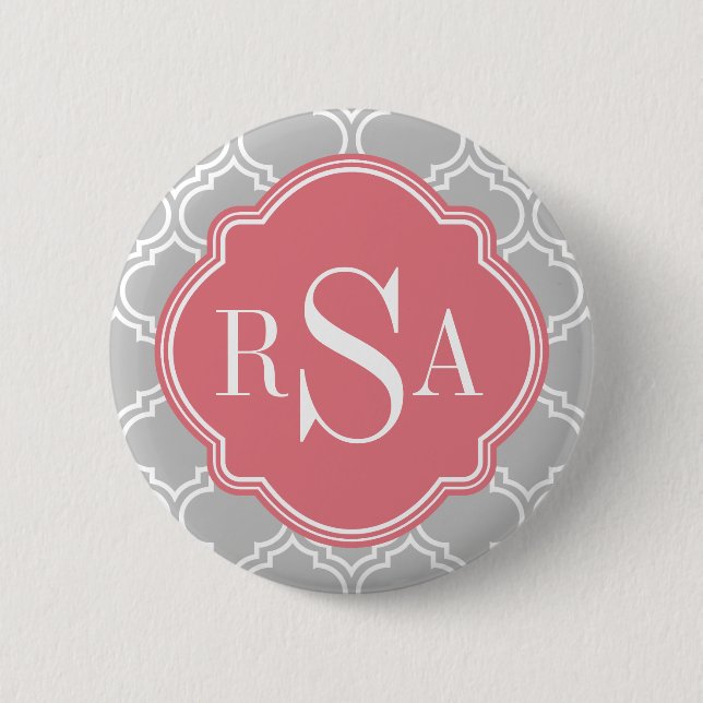 Graues Gittermuster Pink Monogramm Button (Vorderseite)