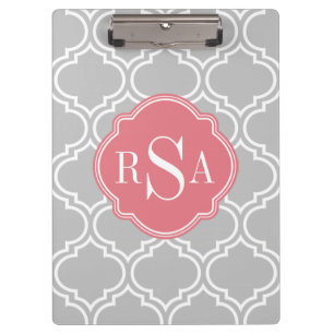 Graues Gittermuster Pink Monogramm Klemmbrett