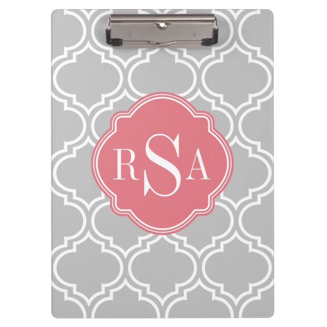 Graues Gittermuster Pink Monogramm Klemmbrett (Vorderseite)