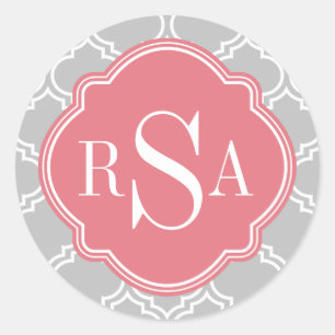 Graues Gittermuster Pink Monogramm Runder Aufkleber