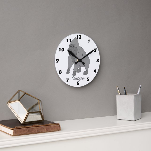 Graues Gorilla-Design personalisiert Runde Wanduhr (Büro)