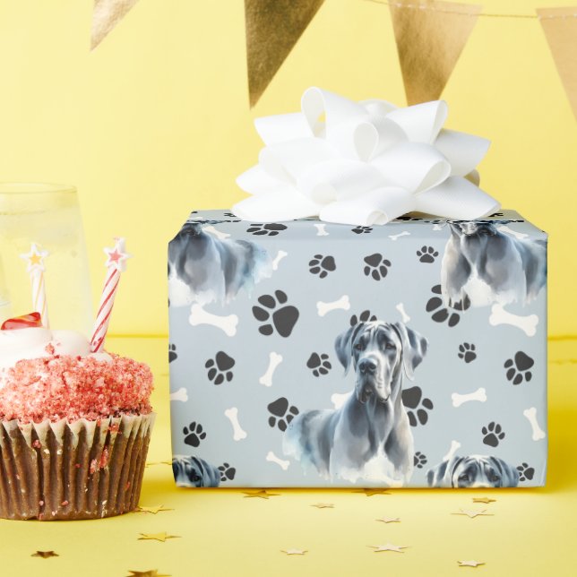 Graues Großes Dan Dog Portrait Paw Print Pattern Geschenkpapier (Geburtstagsparty)