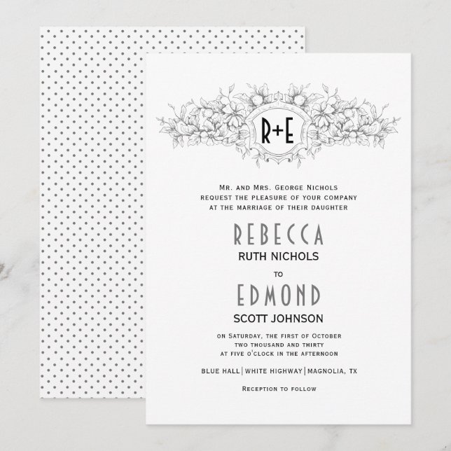 Graues heraldisches Wappen mit Initialen Hochzeit Einladung (Vorne/Hinten)