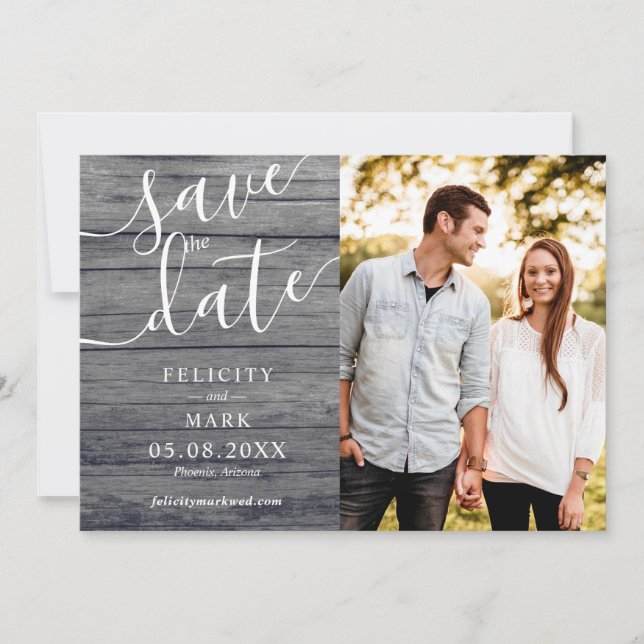 Graues Holz Rustikale Typografie Custom Foto Weddi Save The Date (Vorderseite)