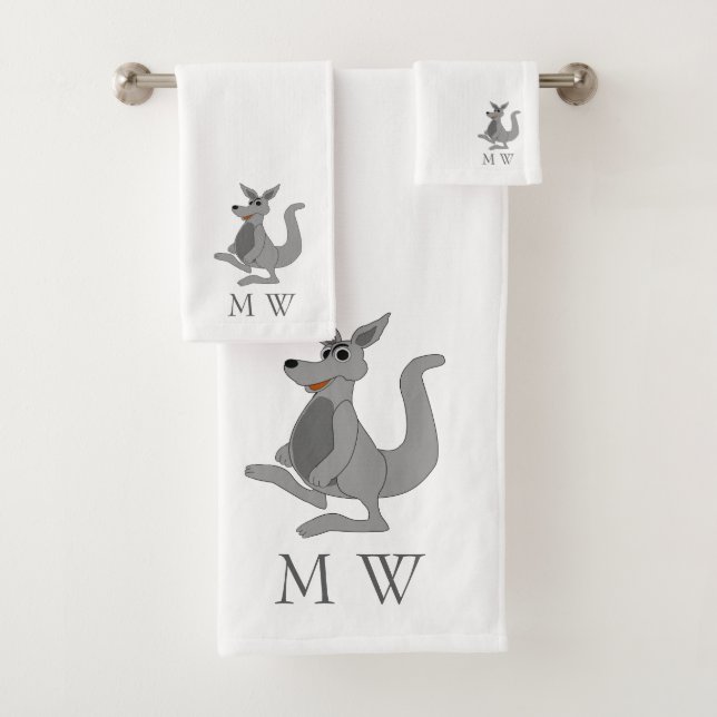 Graues Känguru-Design mit Monogramm Badhandtuch Set (Insitu)