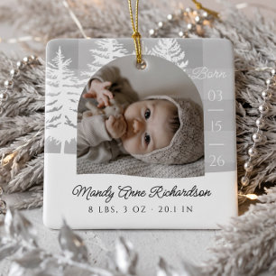 Graues Karo-Kieferbaum-Baby-Geburtsanzeige-Foto Keramikornament