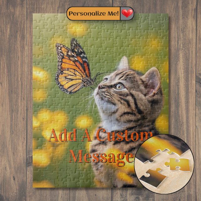 Graues Kätzchen Orangefarbener Schmetterling Puzzle (Grey Kitten Orange Butterfly Jigsaw Puzzle)