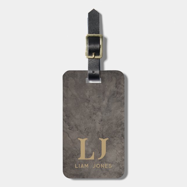 Graues Leder Mit Monogramm Maskuline Vintag Gepäckanhänger (Vorderseite vertikal)