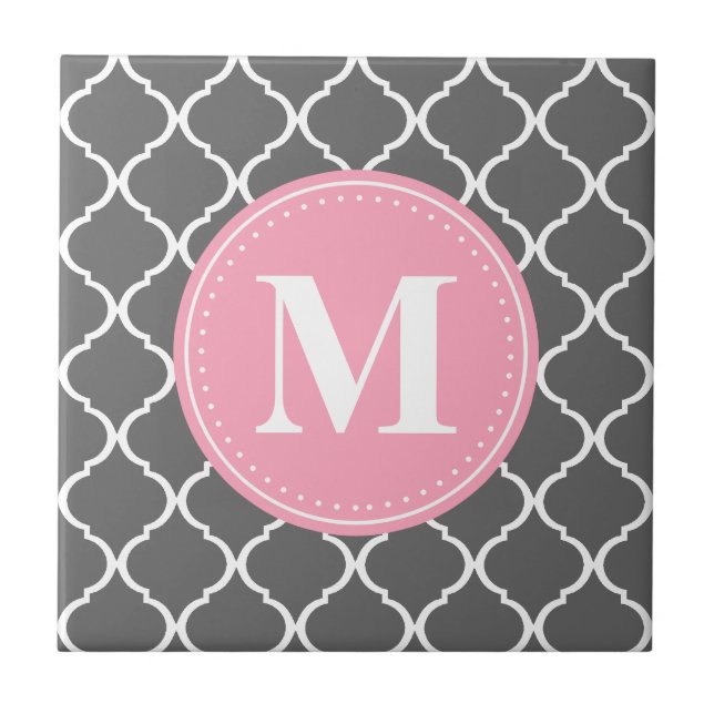 Graues marokkanisches Gitter Rosa Monogramm Fliese (Vorderseite)