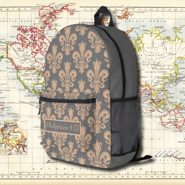 Graues Medallion Vintages Muster mit Bibelverse Bedruckter Rucksack (Von Creator hochgeladen)