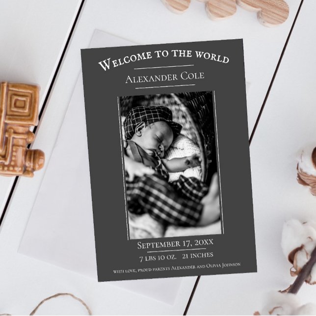 Graues Minimalistisches Foto Geburtserklärung Ankündigung (Gray Minimalist Photo Birth Announcement)
