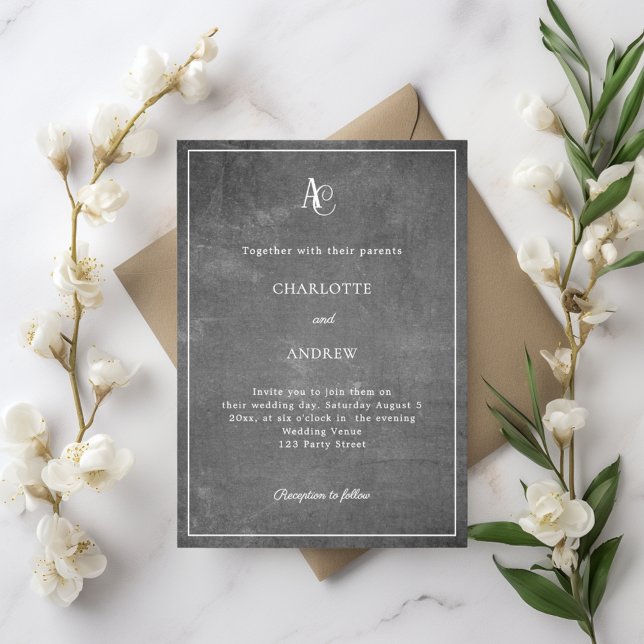 Graues modernes Monogramm rustikale Hochzeit Einladung (Von Creator hochgeladen)