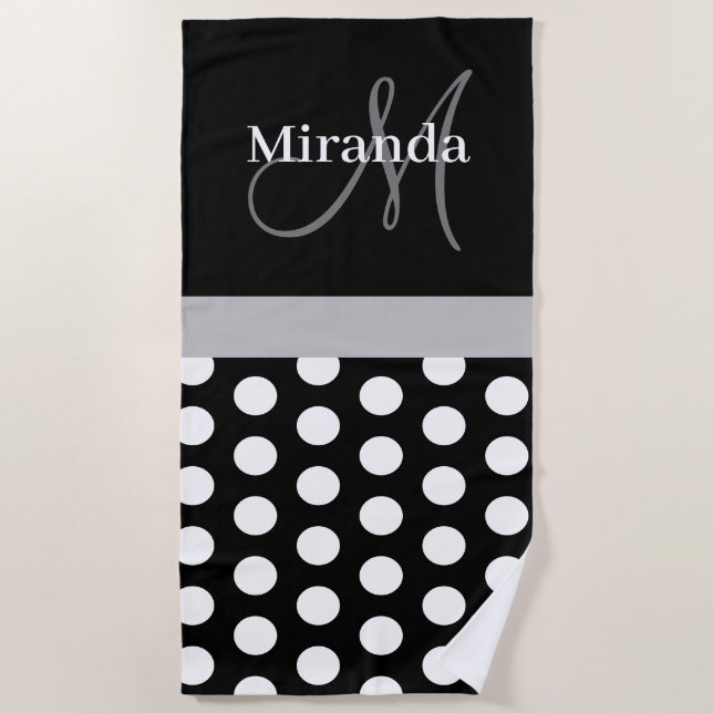 Graues Monogram Schwarz-weiß Polka Dot Beach Handt Strandtuch (Vorderseite)