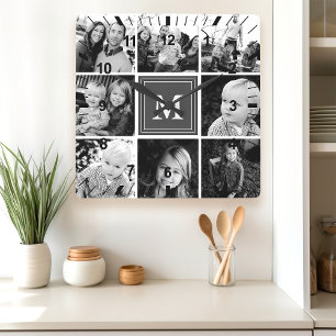 Graues Monogramm-Foto-Collage Quadratische Wanduhr