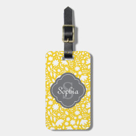 Graues Monogramm Quatrefoliengelbes Blumenmuster Gepäckanhänger