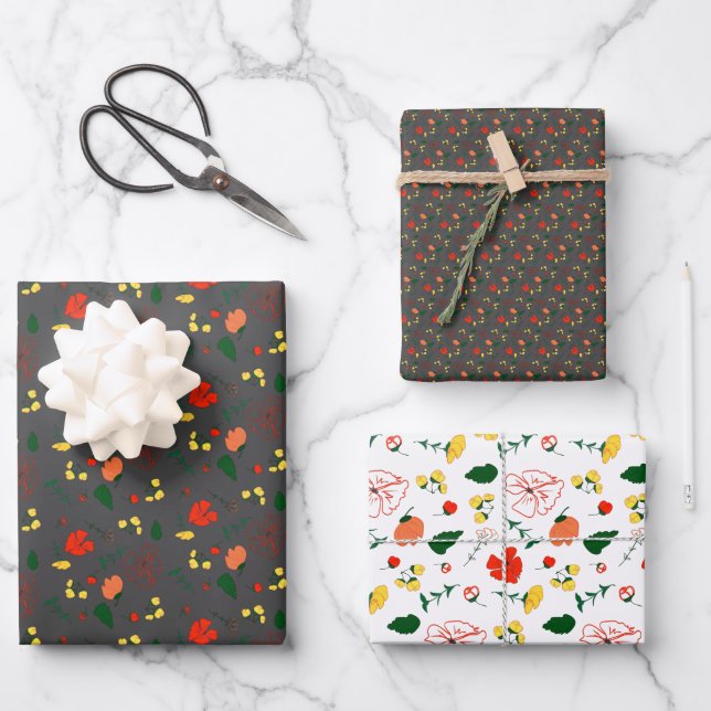 Graues Muster, rote Wildblumen, Packpapier Geschenkpapier Set (Vorderseite)
