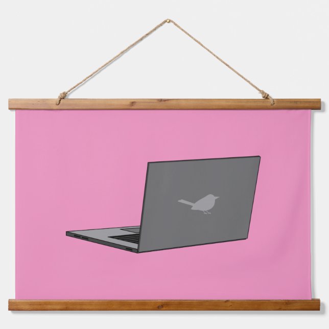 Graues Notebook mit Bird-Logo-Cartoon Wandteppich Mit Holzrahmen (Vorne)