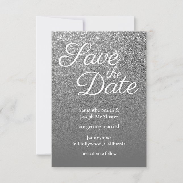 Graues Ombre Silver Glitzer Foto Save the Date Einladung (Vorderseite)
