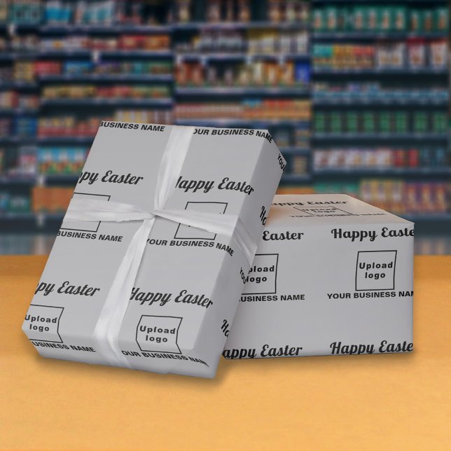 Graues Osterpapier Geschenkpapier (Gray wrapping paper with seamless pattern of Easter greeting, your business name and logo)