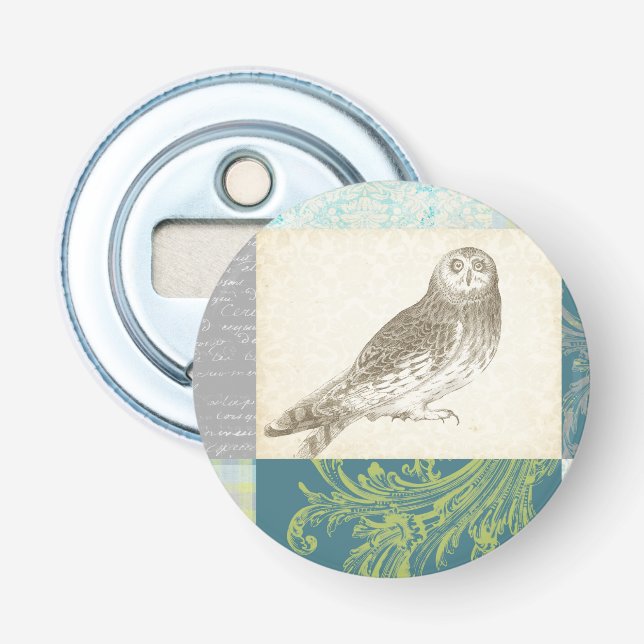 Graues Owl im Muster-Hintergrund Flaschenöffner (Vorderseite)