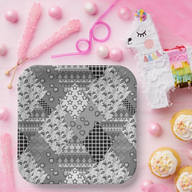 Graues Patchwork-Patchwork-Muster Pappteller (Party)