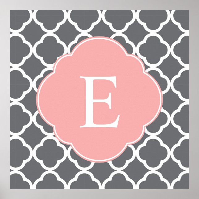 Graues Peach Quatrefoil Monogramm Poster (Vorne)