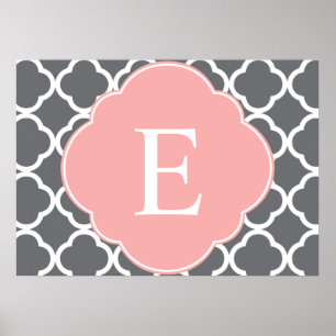Graues Peach Quatrefoil Monogramm Poster