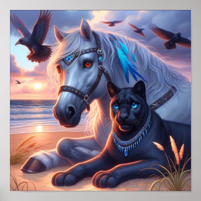 Graues Pferd schwarzer Panther Poster (Vorne)
