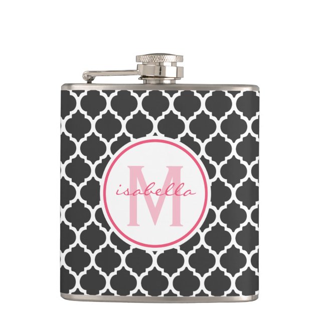 Graues Quatrefoil Monogramm Flachmann (Vorderseite)