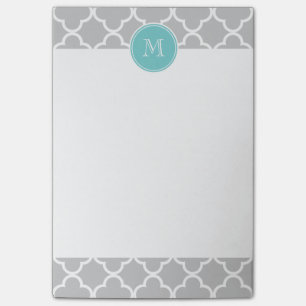 Graues Quatrefoil Muster, aquamarines Monogramm Post-it Klebezettel