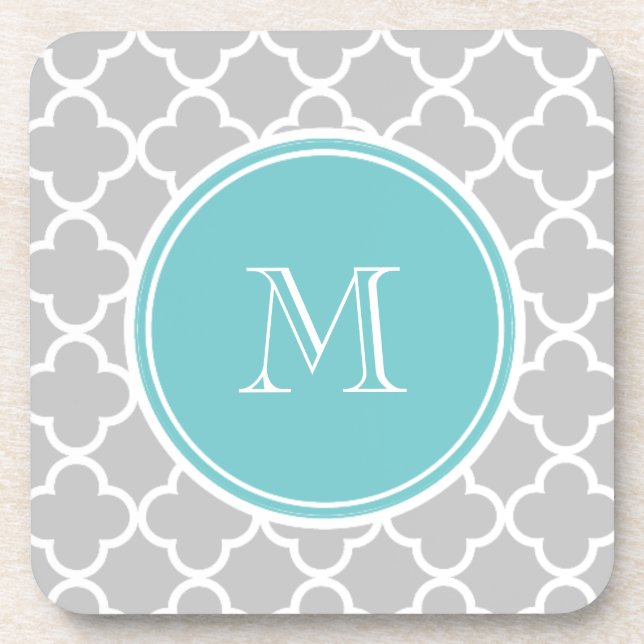 Graues Quatrefoil Muster, aquamarines Monogramm Untersetzer (Vorderseite)